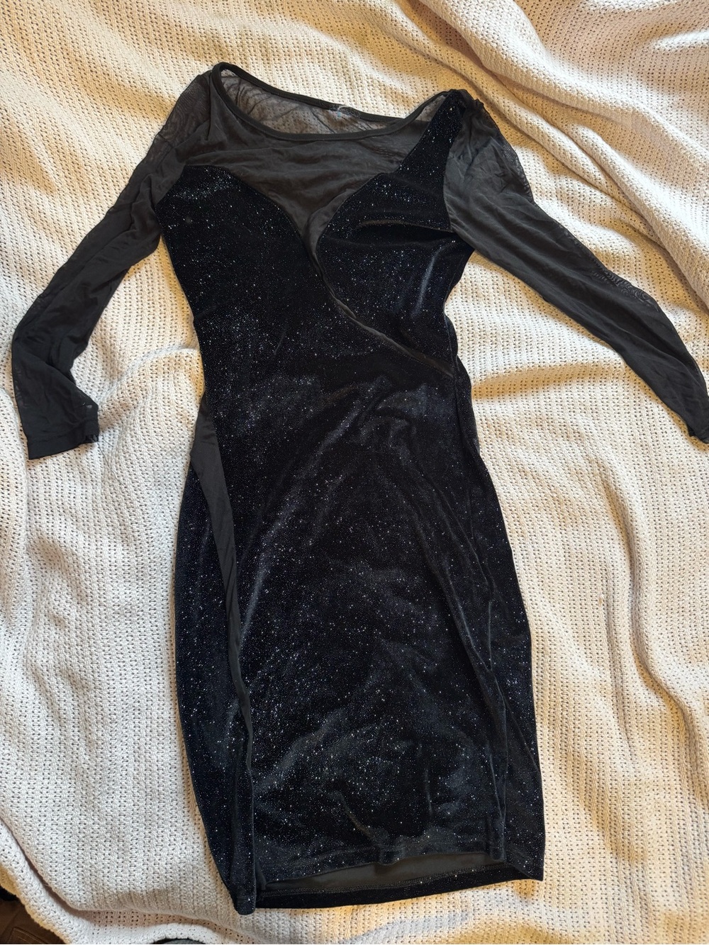 Women's Black Sparkle Mesh Long Sleeve Bodycon Dress
